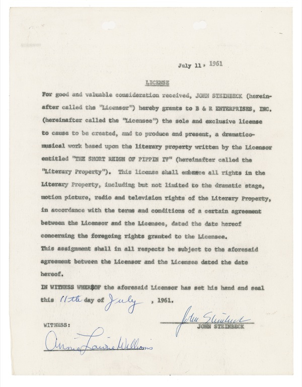 Lot 548 John Steinbeck: Good to be the king: STEINBECK signs over rights to “The Short Reign of Pippin IV,” the book that became a smash Broadway hit