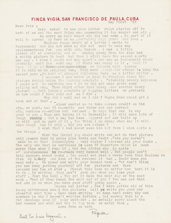 Lot 499 Ernest Hemingway: “Everybody but me making money from Sun Also and a shitty picture to boot”: In the year of the Oscar-winning The Old Man and the Sea, a bitter HEMINGWAY curses his experience with Hollywood