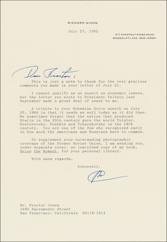 Lot 103 Richard Nixon: “We sometimes forget that the nation that produced Stalin in the 20th century gave the world Tolstoy, Dostoyevsky, Pushkin, and Tchayskovsky in the 19th century.”