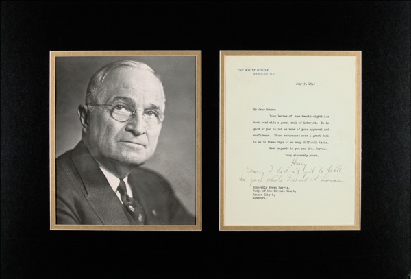 Lot 160 Harry S. Truman: Thanking a friend three weeks before the Potsdam Declaration: “These assurances mean a great deal to me in these days of so many difficult tasks.”