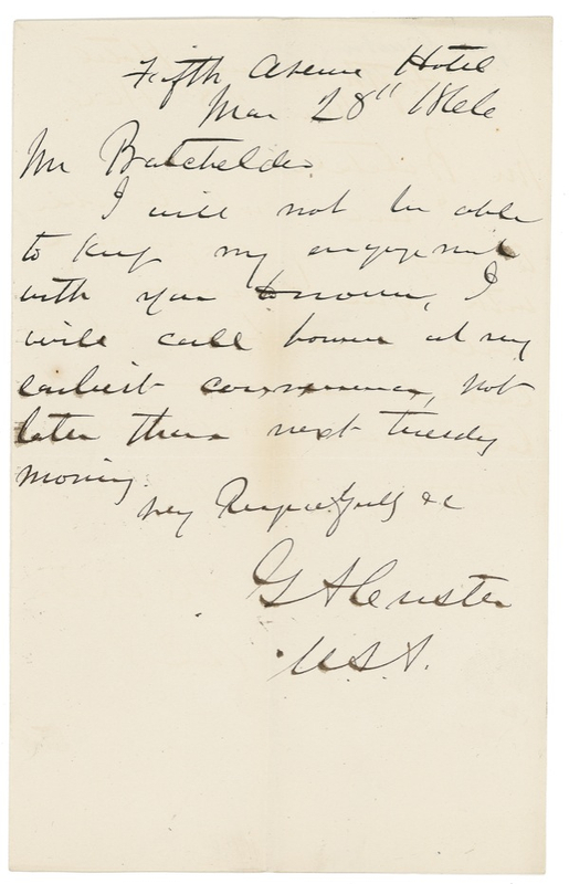 Lot 324 George A. Custer: ?WILL CALL HOWEVER AT MY EARLIEST CONVENIENCE?: CUSTER reschedules an appointment with the future official historian of the Battle of Gettysburg