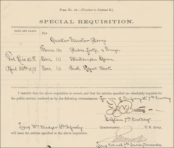 Lot 313 Frederick Benteen: Signing a requisition for the 7th Cavalry less than two years after Little Bighorn