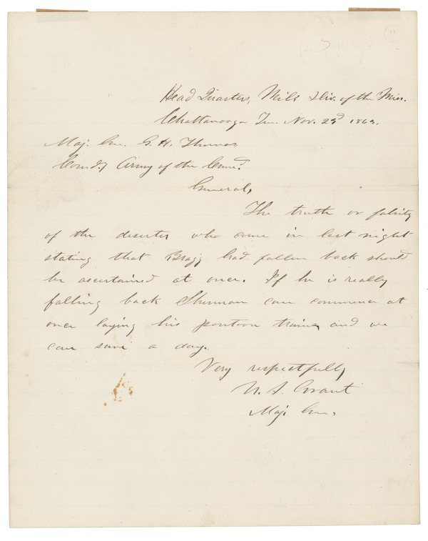 Lot 58 U. S. Grant: “IF [BRAGG] IS REALLY FALLING BACK ... SHERMAN CAN COMMENCE AT ONCE”: On the eve of his pivotal victory at Chattanooga, GRANT writes to “Rock of Chickamauga” GEORGE H. THOMAS