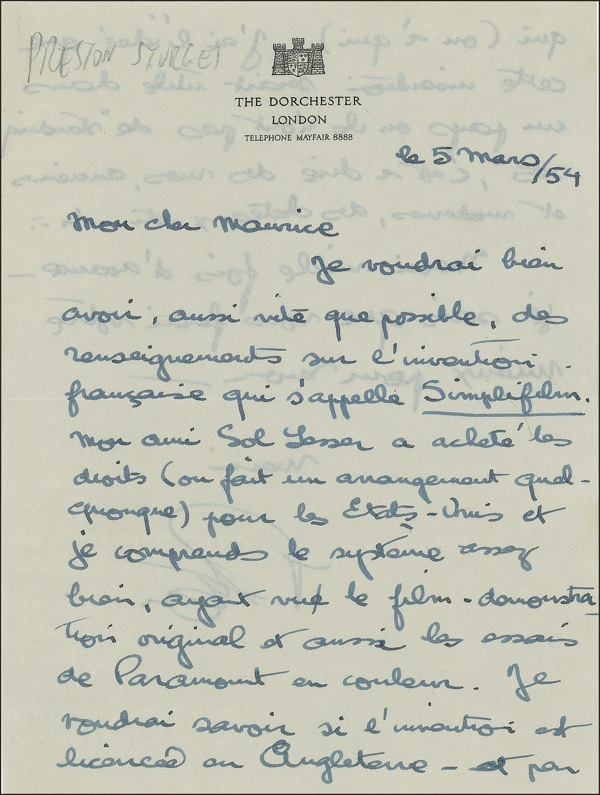 Lot 1070 Preston Sturges: The American master of the “screwball” comedy writes in French