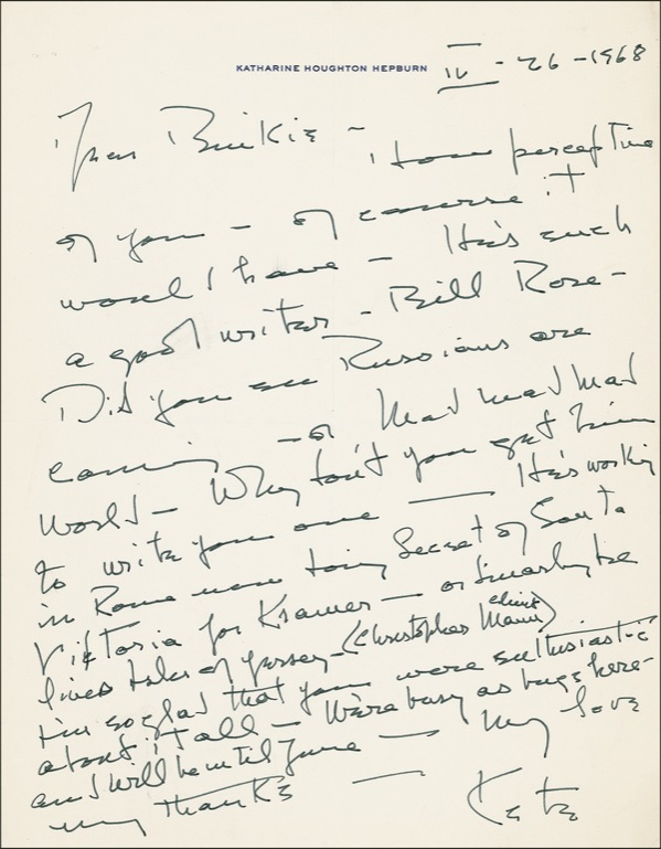 Lot 914 Katharine Hepburn: Mentioning one of Spencer’s movies as she works on The Lion in Winter