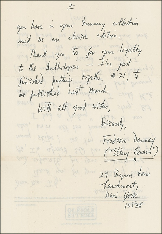 Lot 493 Ellery Queen: Dannay, Frederic Handwritten Letter Signed