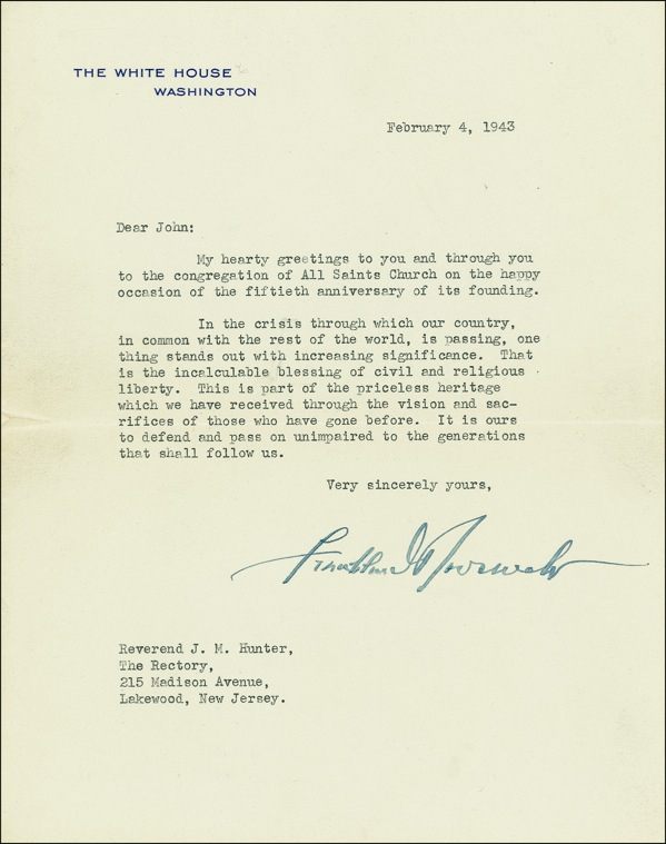 Lot 136 Franklin D. Roosevelt: “The incalculable blessing of civil and religious liberty”