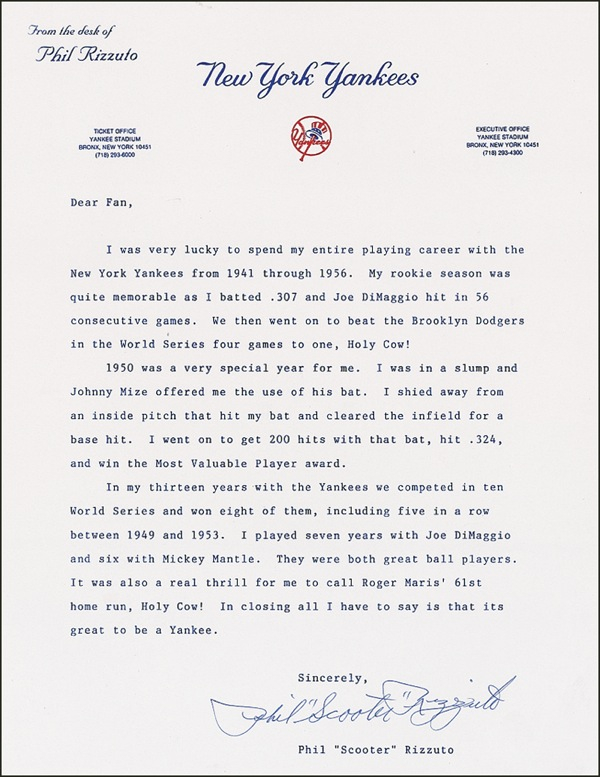 Lot 1400 Phil Rizzuto Typed Letter Signed
