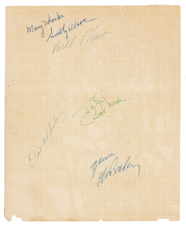 Lot 715 Elvis Presley: THE KING-AND HIS COURT: The young ELVIS signs an early photo together with his BLUE MOON BOYS and the manager who would be ousted by Colonel Tom Parker