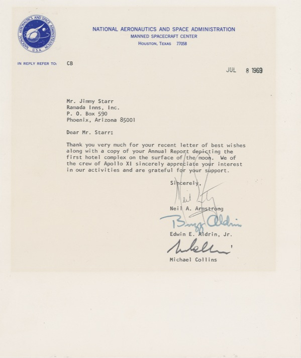 Lot 411 Apollo 11: MOON WITH A VIEW: In the month of their historic feat, all three APOLLO 11 astronauts send thanks to an enterprising hotelier with lunar aspirations
