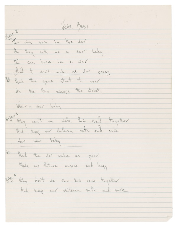 Lot 727 Rolling Stones: Jagger, Mick: WAR WAR BABY: JAGGER writes the lyrics to a song from his second solo album