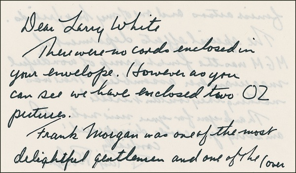 Lot 1117 Wizard of Oz: Bolger, Ray: “Frank Morgan was one of the most delightful gentlemen and one of the finest actors and one of my best friends”
