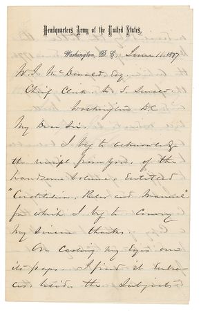 Lot #395 William T. Sherman: Sherman recommends a manual referencing the Declaration of Independence and the Constitution - Image 1