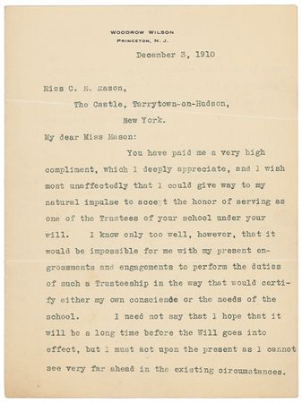 Lot #176 Woodrow Wilson: Soon-to-be-President Wilson “conscientiously” turns down an offer: “It would be impossible ... to perform the duties of such a Trusteeship in the way that would certify ... my own conscience” - Image 1