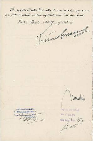 Lot #275 Benito Mussolini and Vittorio Emanuele III Signed Document - Image 2