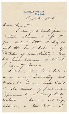 Lot #394 William T. Sherman: “A GRAIN OF THE SMOKE TO THE CANNON FROM WHICH WAS FIRED THE REAL ARGUMENT OF WAR”: A quarter century after the conflict, SHERMAN reflects on historians' difficulty in “capturing” the Civil War - Image 1