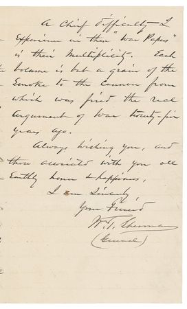 Lot #394 William T. Sherman: “A GRAIN OF THE SMOKE TO THE CANNON FROM WHICH WAS FIRED THE REAL ARGUMENT OF WAR”: A quarter century after the conflict, SHERMAN reflects on historians' difficulty in “capturing” the Civil War - Image 3