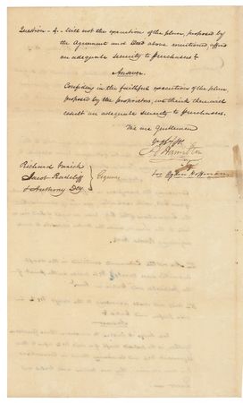 Lot #239 Alexander Hamilton: THE TREASURER AS WOULD-BE TRUMP: Two months before his fatal duel with Aaron Burr, HAMILTON irons out the legal issues in an historic New Jersey real estate deal - Image 1