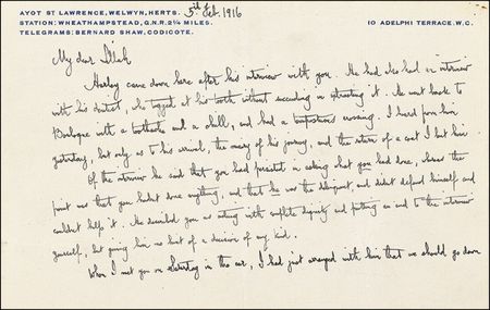 Lot #545 George Bernard Shaw: Mediating a female friend’s marital discord: “I look forward to a Judgment Day for him” - Image 1
