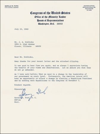 Lot #54 Gerald Ford: “We Republicans have been pointing out the weaknesses, waste and inefficiency of the ‘Great Society’” - Image 1
