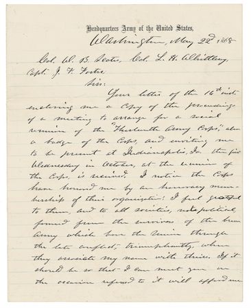 Lot #57 U. S. Grant: BROTHERS IN ARMS: Grant receives an invitation to the Thirteenth Corps reunion, “formed from the survivors of the brave army which bore the Union through the late conflict, triumphantly.” - Image 1