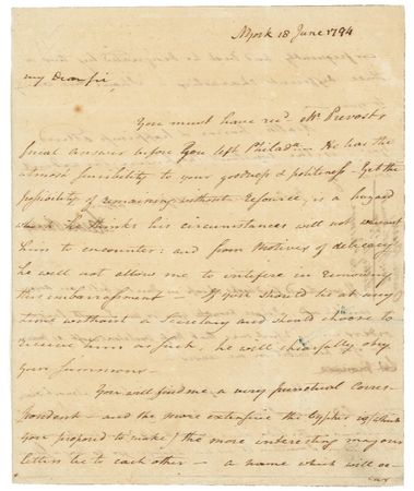 Lot #199 Aaron Burr: “THE MORE EXTENSIVE THE CYPHER ... THE MORE INTERESTING MAY OUR LETTERS BE”: A decade before his fateful duel with Hamilton, BURR writes to Madison on the use of ciphers and codes in correspondence - Image 1