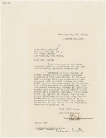 Lot #884 Betty Grable Signed Document - Image 1
