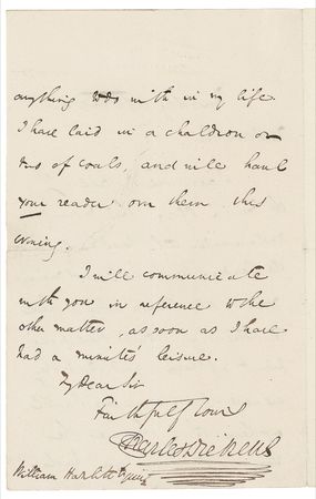 Lot #490 Charles Dickens: Dickens violently defends his drama critic: “I have laid in a chaldron or two of coals and will haul your reader over them this morning.” - Image 1