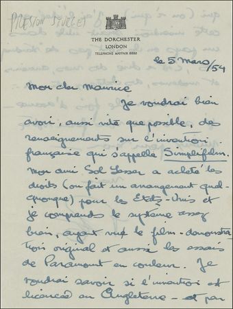 Lot #1070 Preston Sturges: The American master of the “screwball” comedy writes in French - Image 1