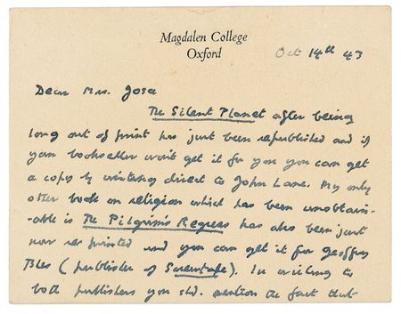 Lot #515 C. S. Lewis: Mentioning The Silent Planet, The Pilgrim?s Progress, and The Screwtape Letters - Image 2