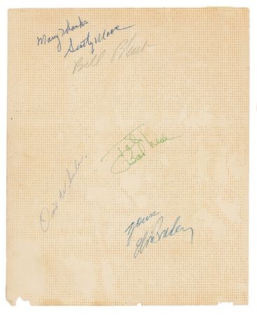 Lot #715 Elvis Presley: THE KING-AND HIS COURT: The young ELVIS signs an early photo together with his BLUE MOON BOYS and the manager who would be ousted by Colonel Tom Parker - Image 1