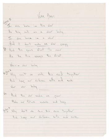Lot #727 Rolling Stones: Jagger, Mick: WAR WAR BABY: JAGGER writes the lyrics to a song from his second solo album - Image 1