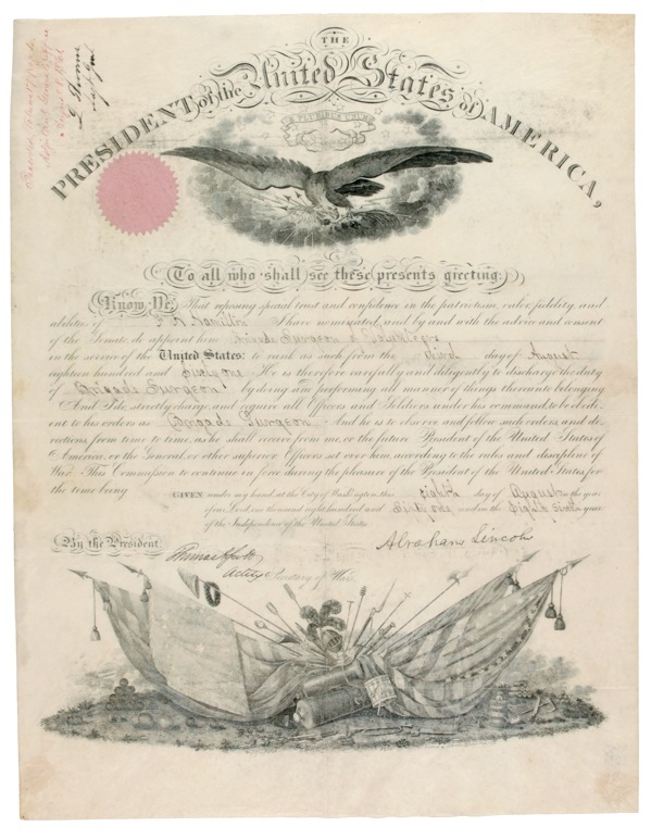 Lot 89 Abraham Lincoln: HEALER AMONG SOLDIERS: LINCOLN appoints a prominent research surgeon to the Army