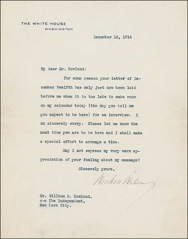 Lot 162 Woodrow Wilson Typed Letter Signed