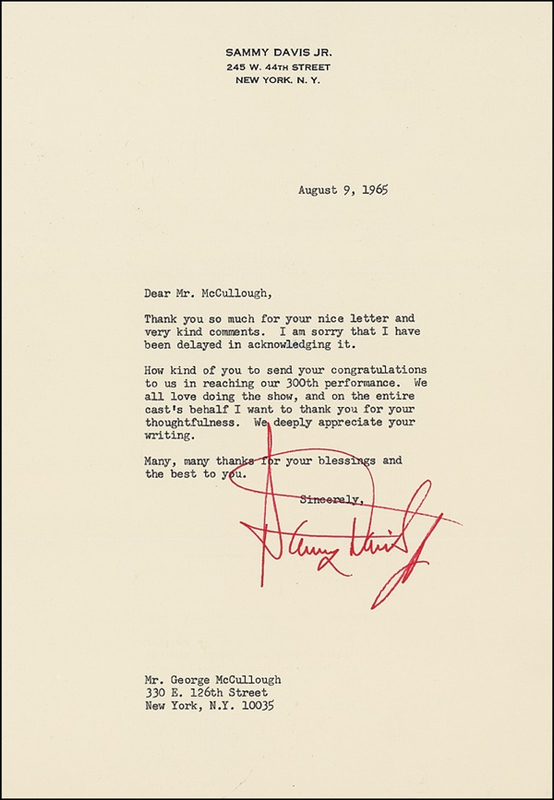 Lot 866 Sammy Davis, Jr Typed Letter Signed
