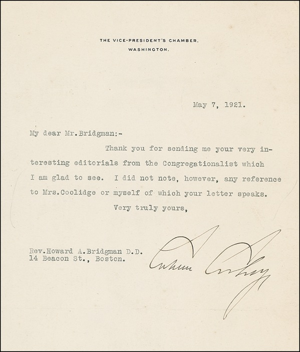 Lot 33 Calvin Coolidge Typed Letter Signed