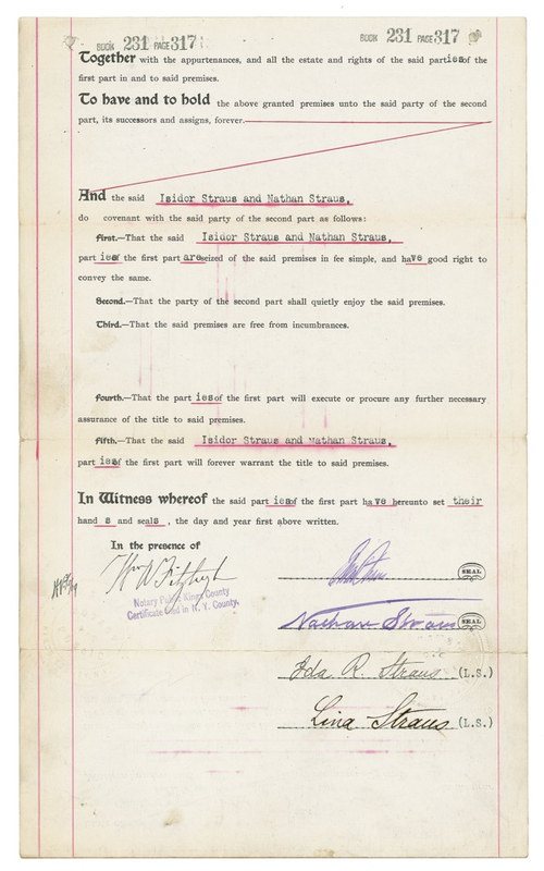 Lot 285 Titanic: Isidor and Ida Strauss: THE GREAT SHIP WENT DOWN: Scarce document signed by first-class TITANIC casualties ISIDOR and IDA STRAUS