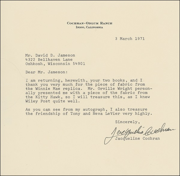 Lot 422 Jacqueline Cochran: “Mr. Orville Wright personally presented me with a piece of fabric from the Kitty Hawk.”