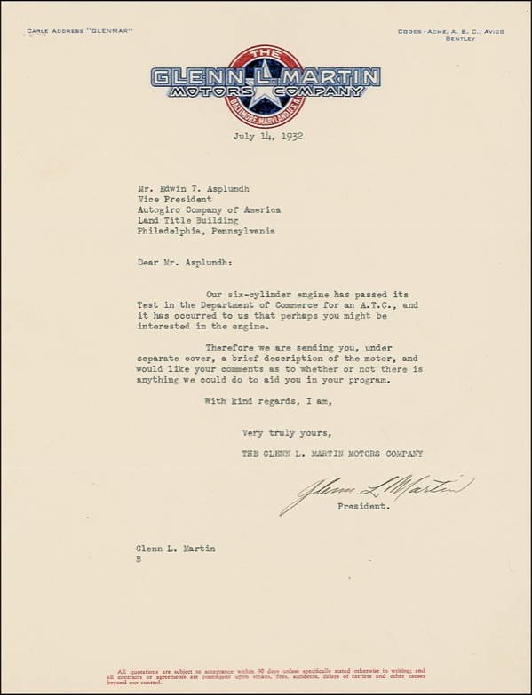 Lot 448 Glenn L. Martin Typed Letter Signed