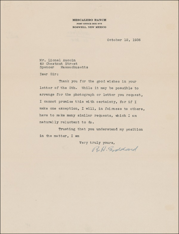 Lot 440 Robert H. Goddard Typed Letter Signed