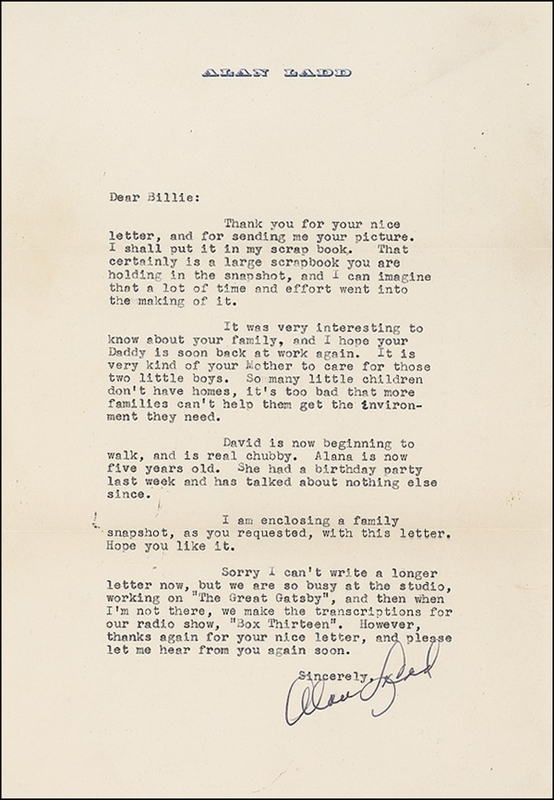 Lot 980 Alan Ladd: “We are so busy at the studio, working on ‘The Great Gatsby’”