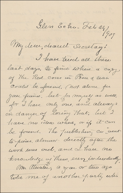 Lot 167 Clara Barton: “I have tried all these last days to find ... a copy of The Red Cross in Peace & War”