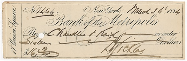 Lot 370 Daniel E. Sickles Check