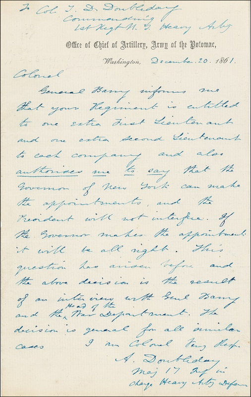 Lot 319 Abner Doubleday: Wartime letter to his older brother, Colonel T. D. Doubleday: ?The President will not interfere?