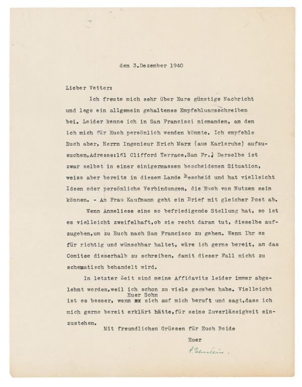 Lot 210 Albert Einstein: Pulling strings for a relative: ?I will gladly write .. so that this case is not treated in the normal routine way?