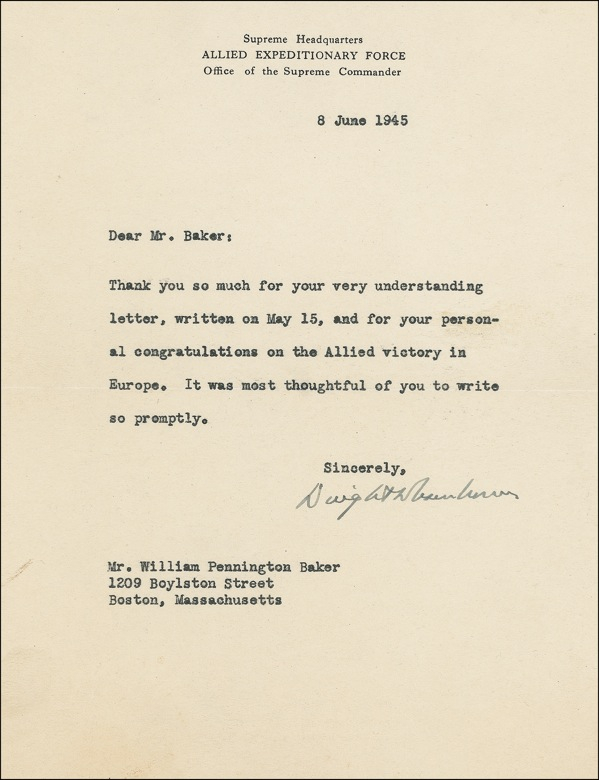 Lot 39 Dwight D. Eisenhower: “THE ALLIED VICTORY IN EUROPE”: A month after V-E Day, IKE sends grateful thanks to a zealous supporter
