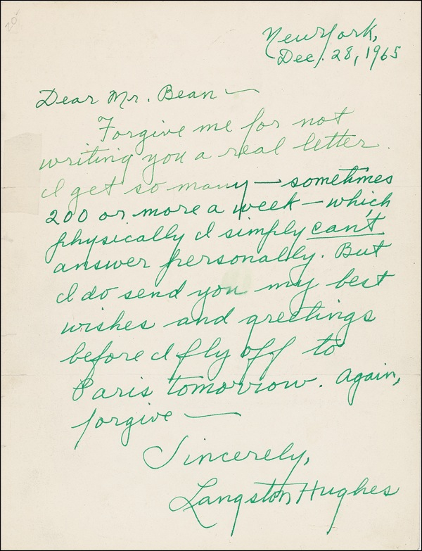Lot 505 Langston Hughes: “I get so many [letters]—sometimes 200 or more a week”