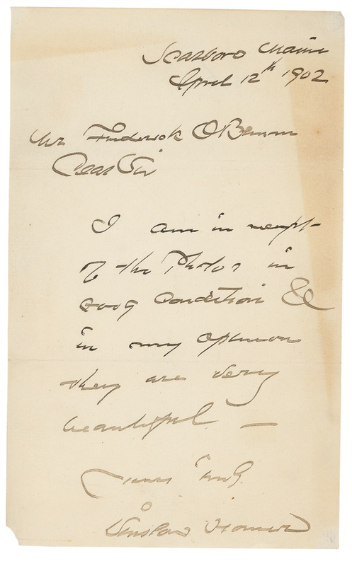 Lot 503 Winslow Homer Handwritten Letter Signed