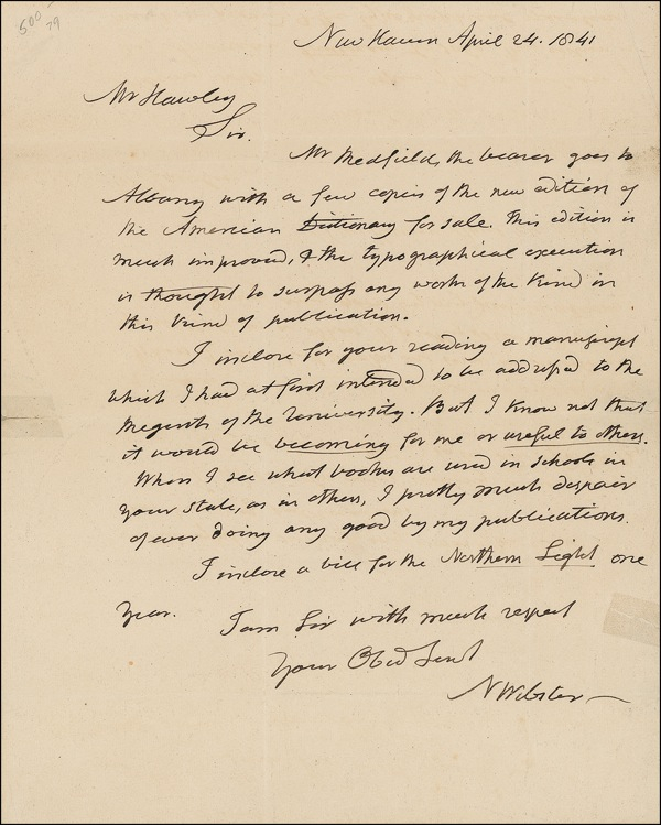 Lot 554 Noah Webster: Sending ?the new edition of the American Dictionary? and modestly evaluating his own best-selling textbooks: ?I pretty much despair of ever doing any good by my publications?