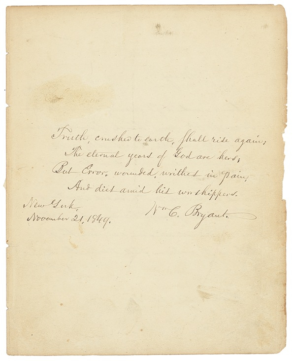 Lot 476 William Cullen Bryant Signed Quote